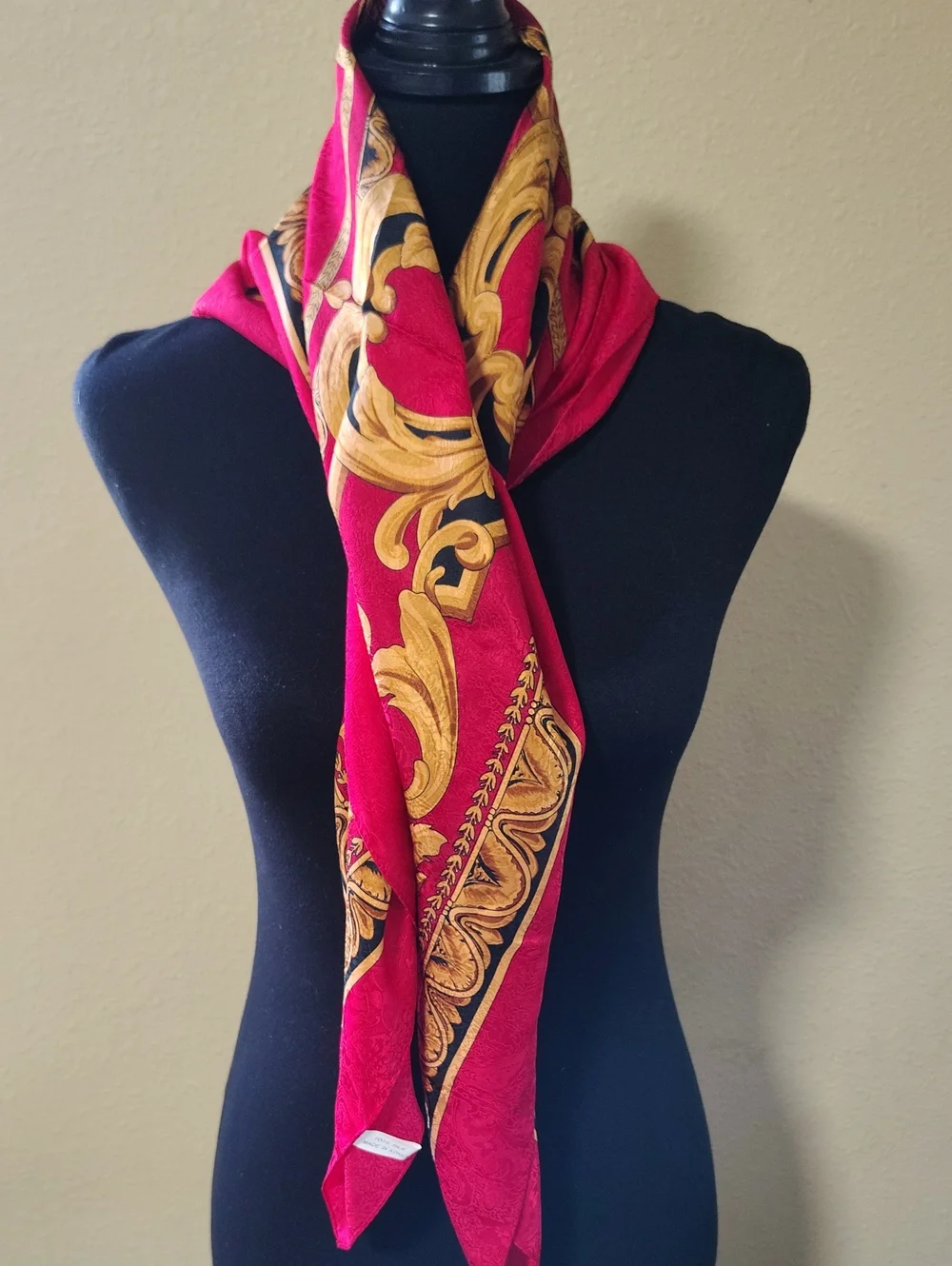 Vintage 100% Silk Red Gold Baroque Print Square Large Scarf 
